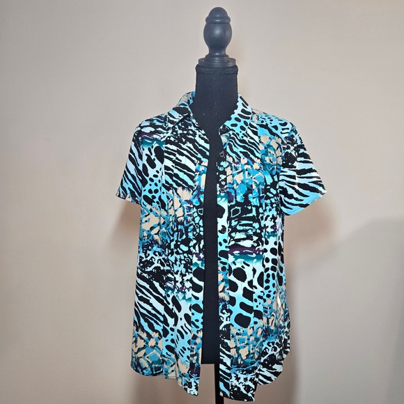 Dana Buchman Tops - Dana Buchman Button Up Shirt Womens Medium Blue Pintuck Animal Print (T10)